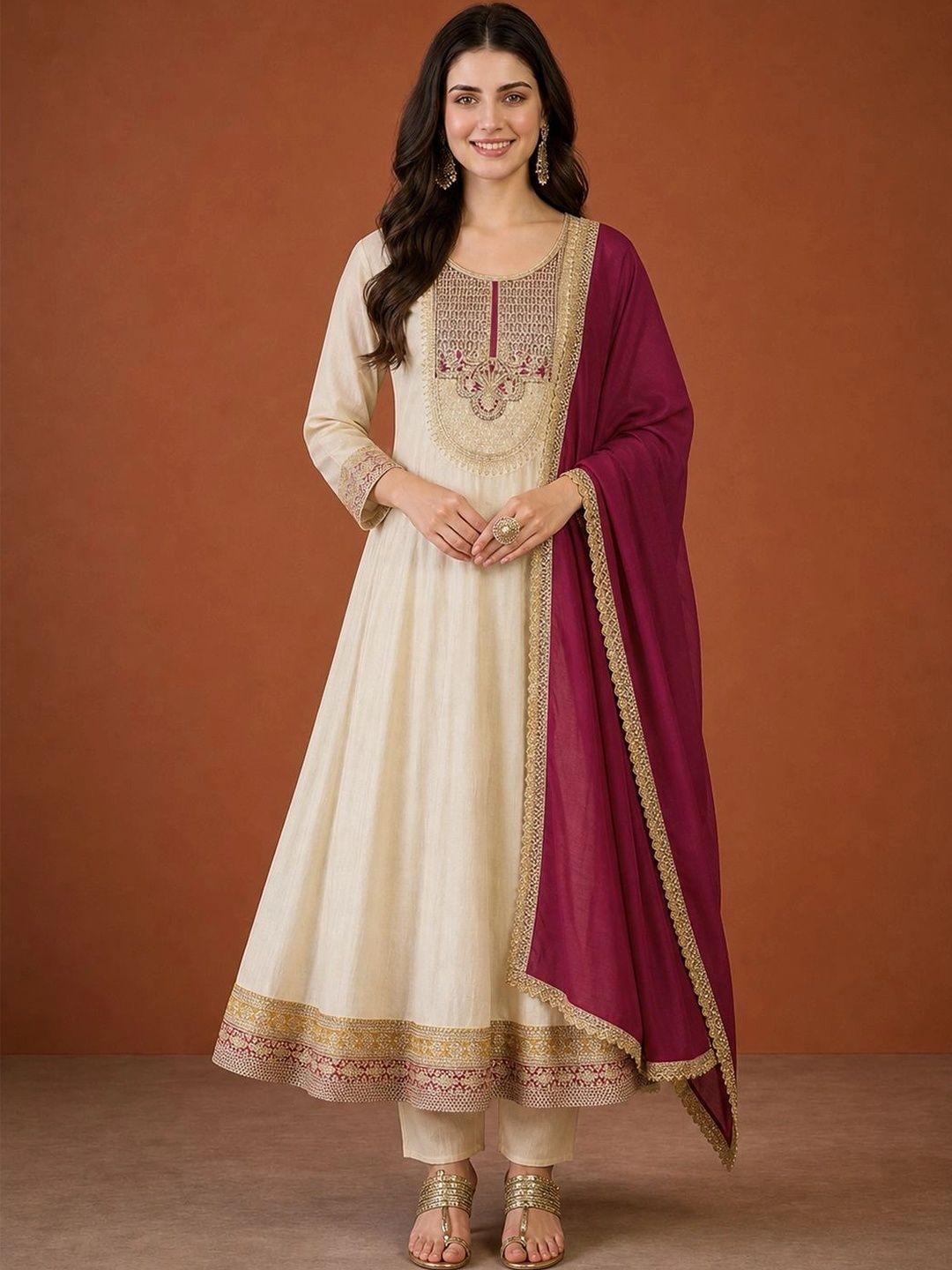 Moda Rapido Women Ethnic Motifs Embroidered Empire Kurta with Trousers & With Dupatta-picture-23