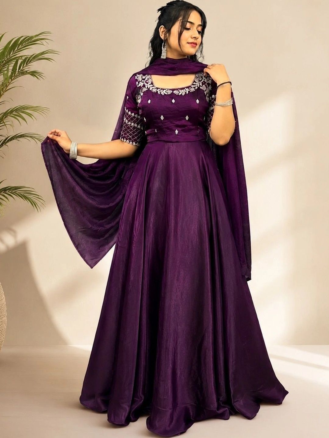 H VASHANIYA Embellished Embroidered Satin Maxi Dress-image-33