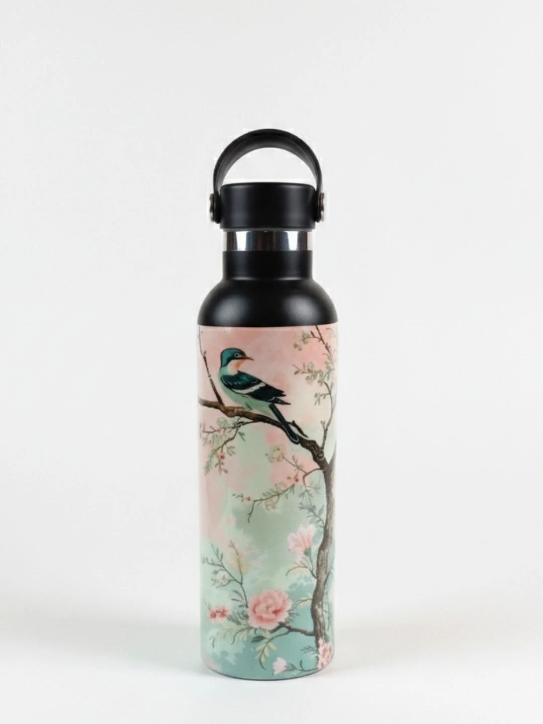 THE HOME CO. Peach-Coloured & Green Single Stainless Steel Floral Water Bottle-picture-41