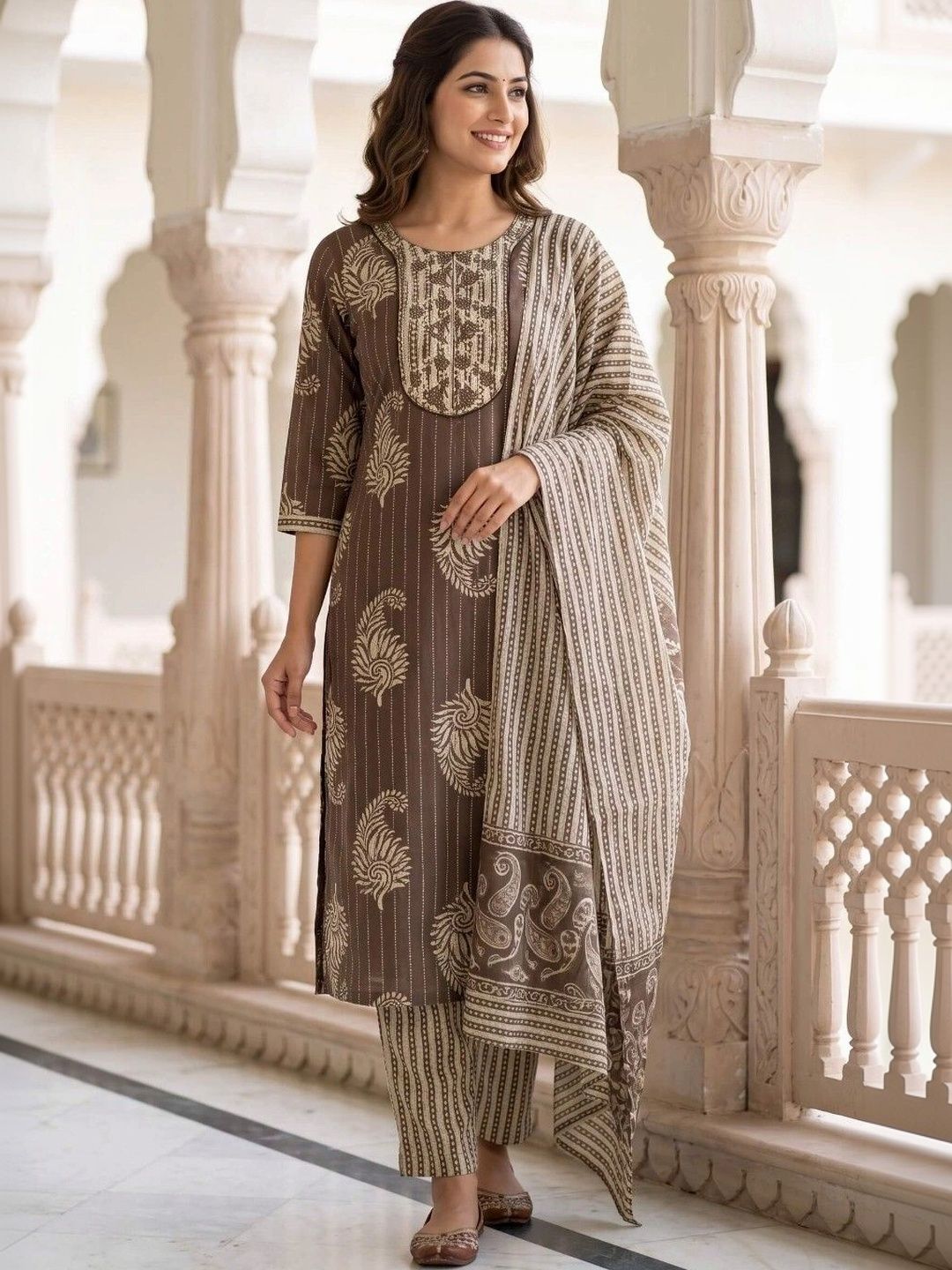 HERE&NOW Women Ethnic Motifs Printed Regular Sequinned Kurta with Trousers & With Dupatta-picture-15