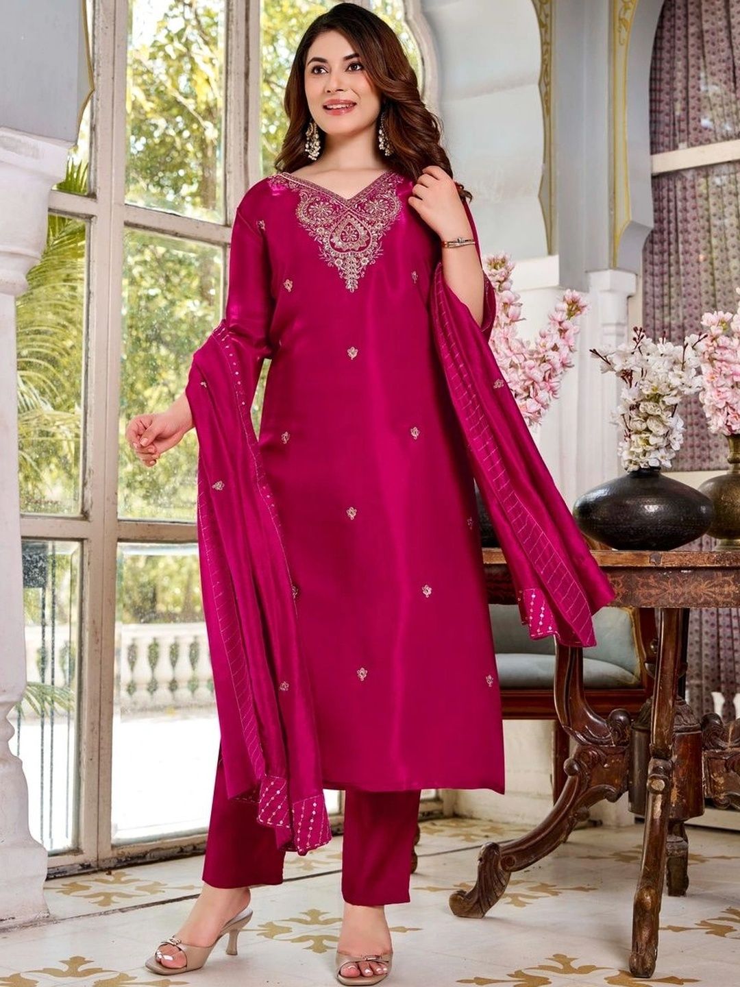 Sangria Women Ethnic Motifs Embroidered Regular Thread Work Kurta with Trousers & With Dupatta-picture-16