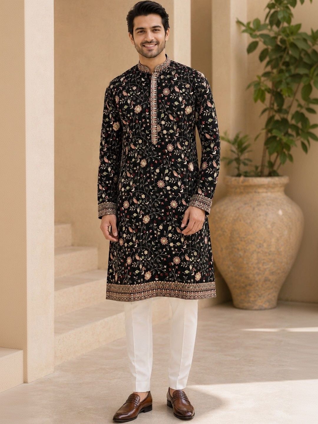 RANGKALP Men Floral Embroidered Thread Work Floral Kurta-picture-38