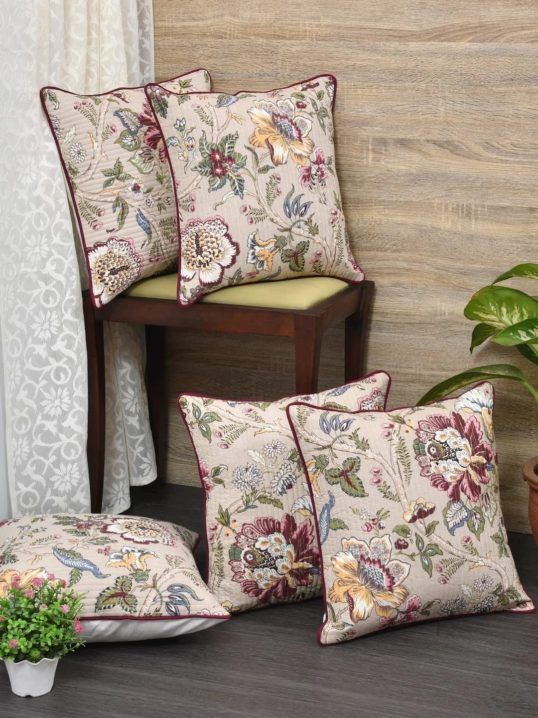 Aura Beige Set of 5 Floral Square Cushion Covers-image-12