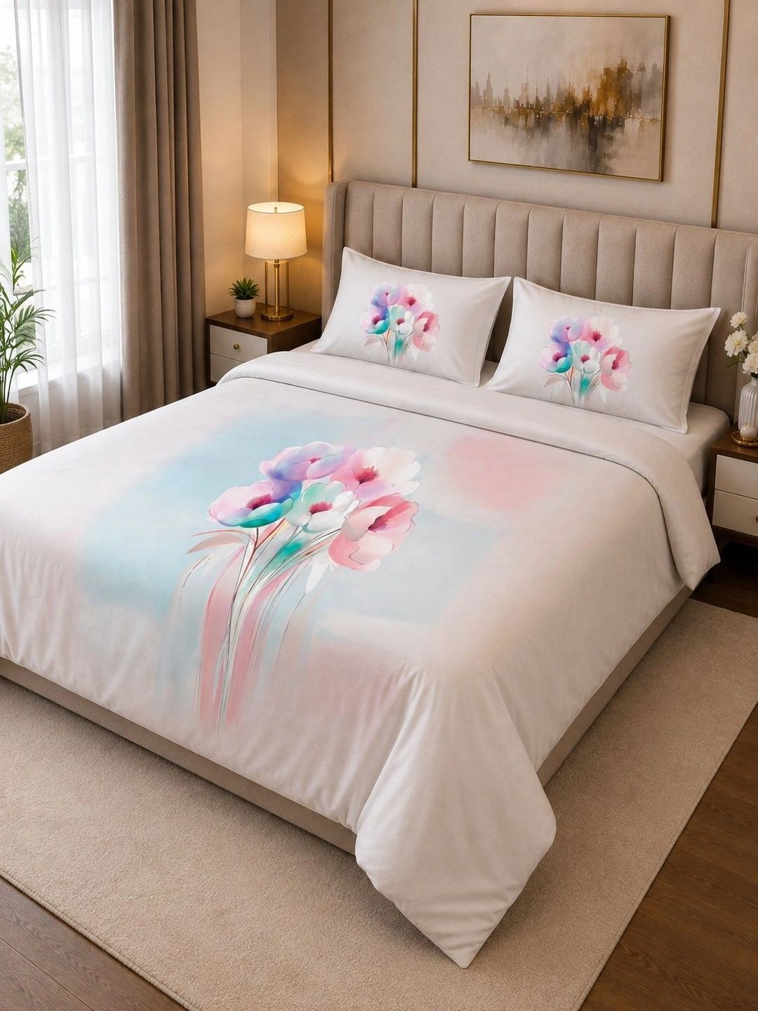 Bedbathandbliss Off White & Blue 400 TC Bedsheet with 2 Pillow Covers-picture-19