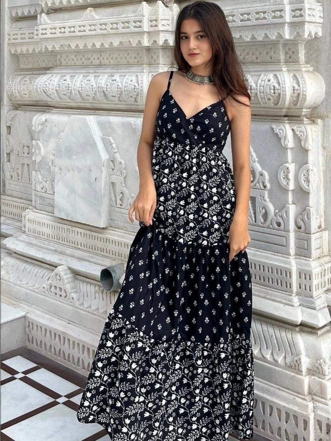 Sangria Floral Block Printed Cotton Sleeveless Fit & Flare Maxi Dress-picture-17