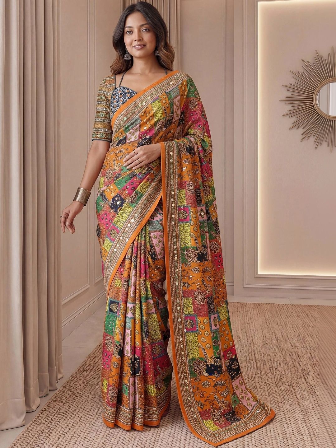 SBJ COLLECTIONS Ajrak Block Mirror Work Silk Blend Saree-picture-14