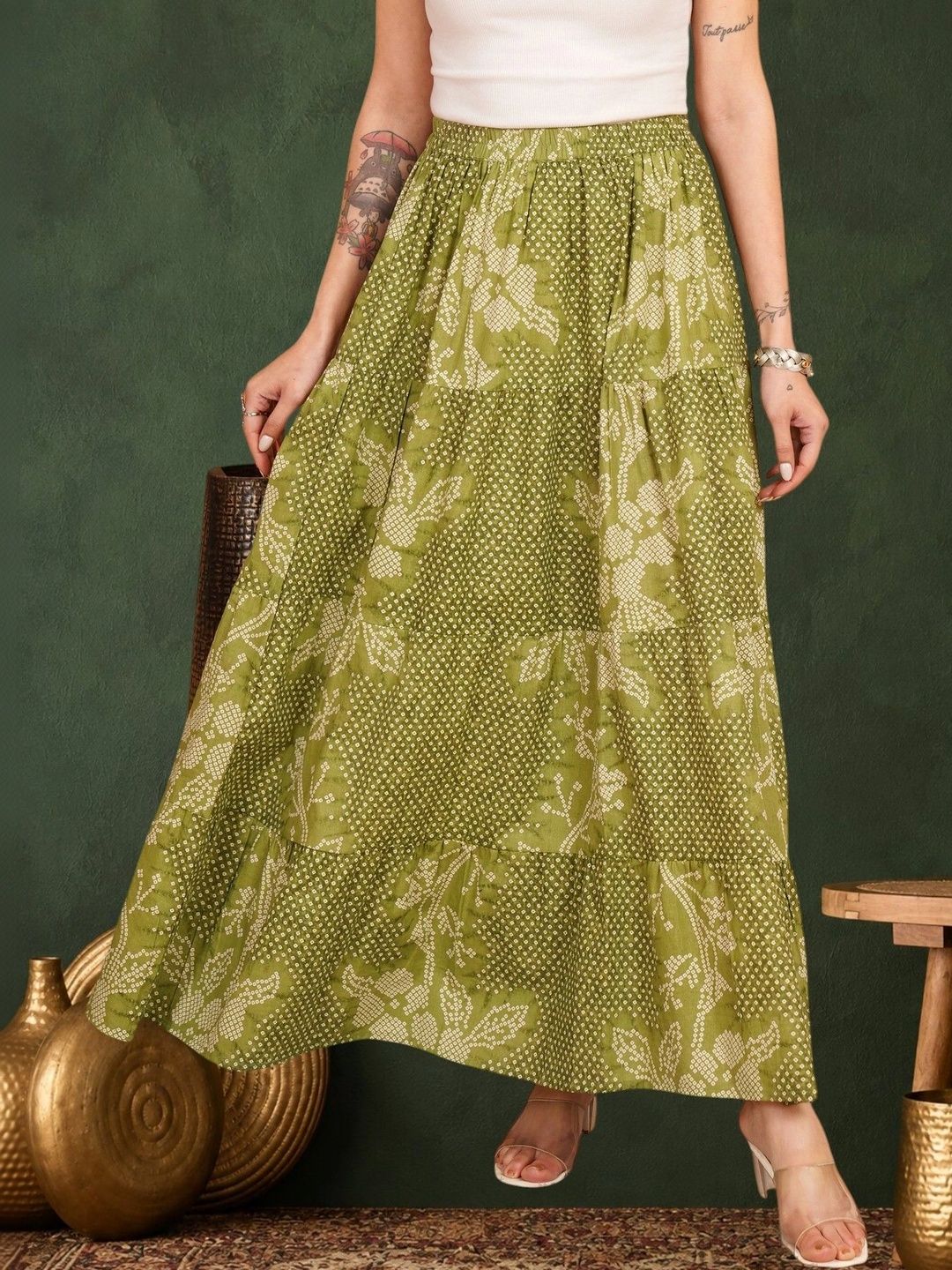 Sangria Women Pure Cotton Blend Cotton Cambric Floral Tiered Maxi Tiered Skirt-picture-23