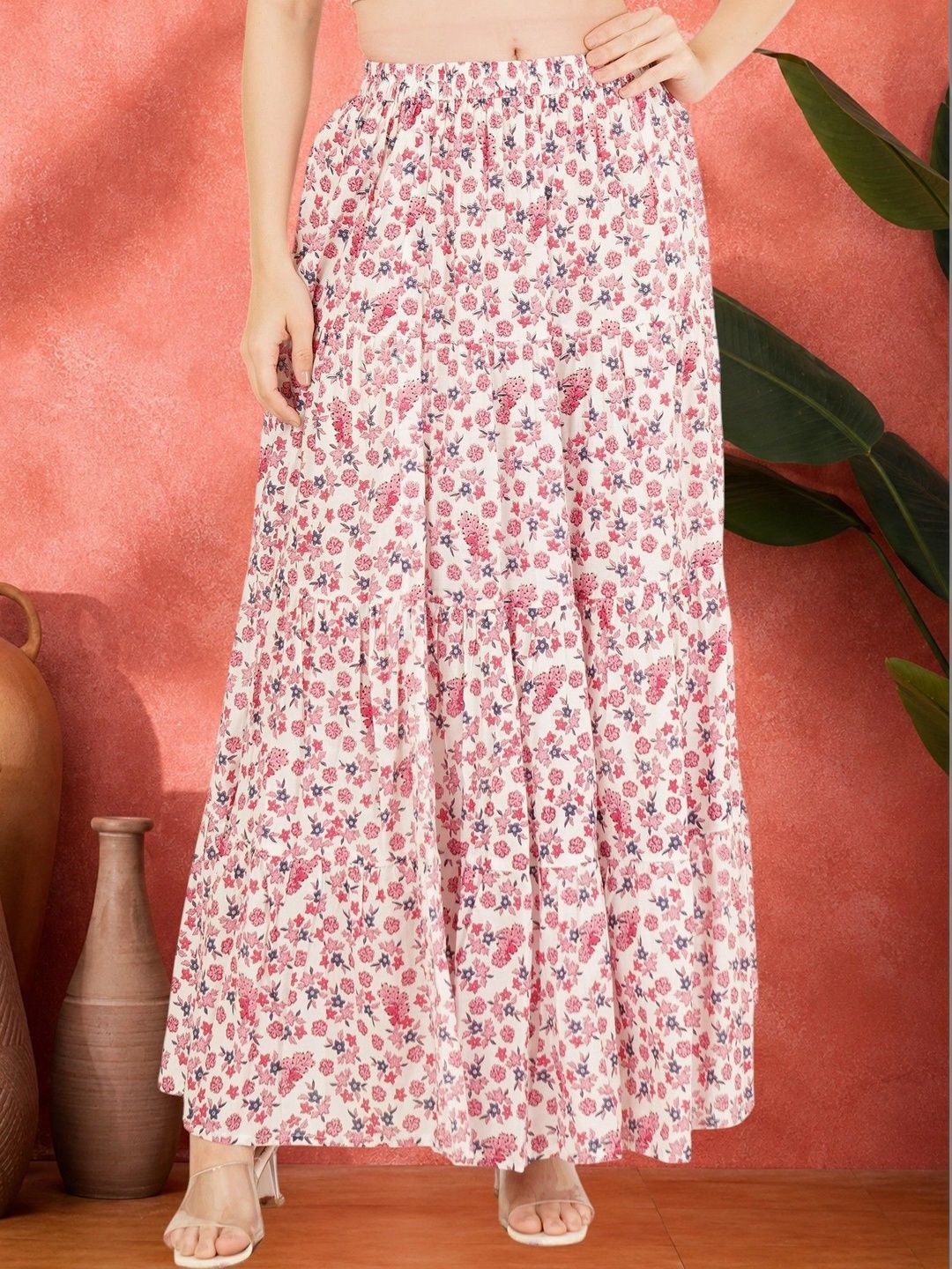 Sangria Women Pure Cotton Blend Cotton Cambric Floral Maxi Flared Skirt-picture-48