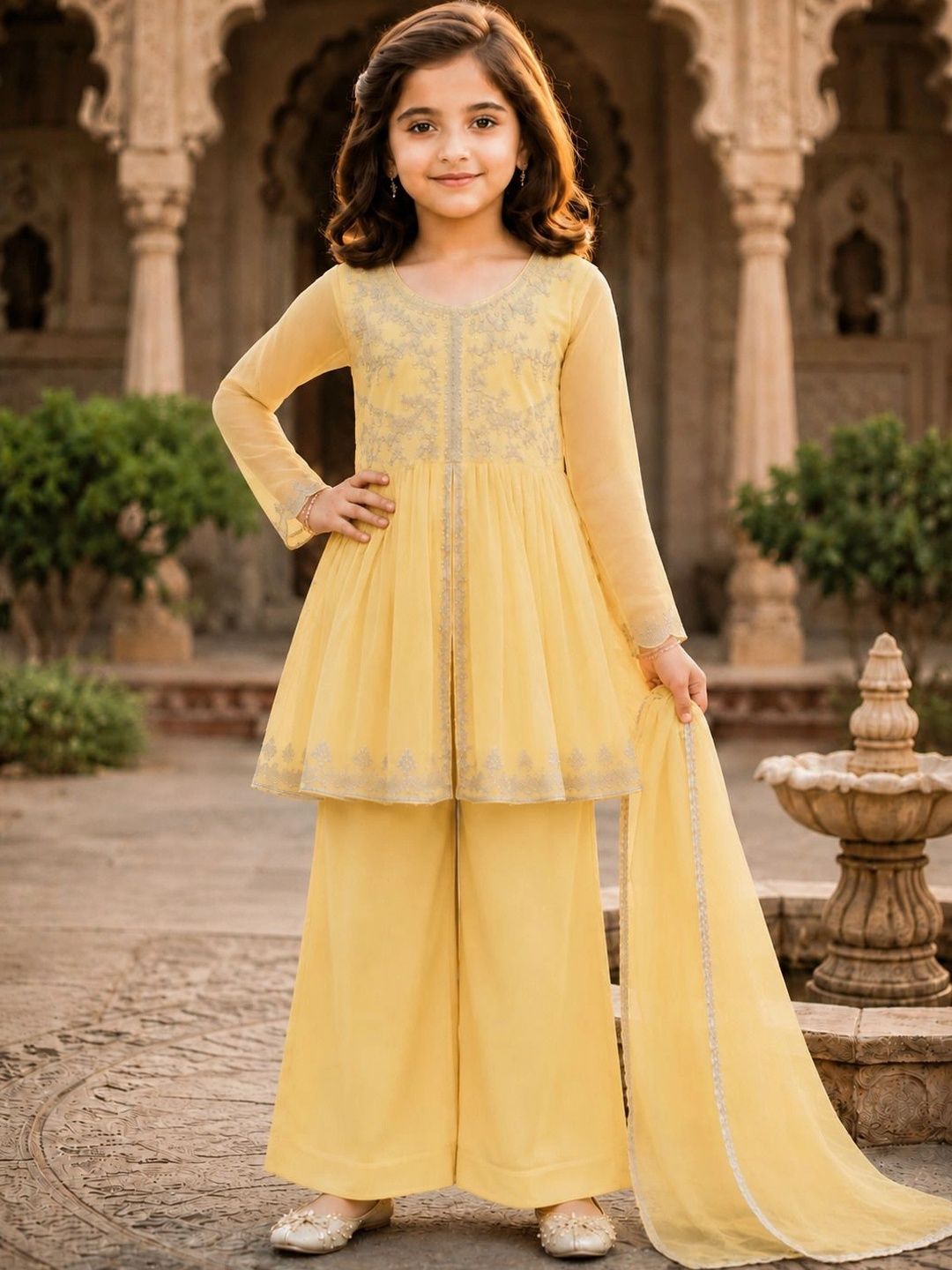 KALINI Girls Ethnic Motifs Embroidered Empire Thread Work Kurta with Palazzos & With Dupatta-picture-27