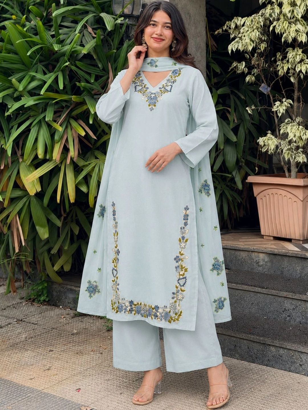 Aaghnya Women Floral Embroidered Regular Thread Work Kurta with Palazzos & With Dupatta-picture-15