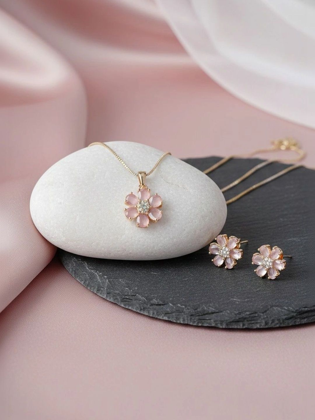 shivay Rose Gold-Plated Stone Studded & Beaded Pendant and Earrings-picture-8