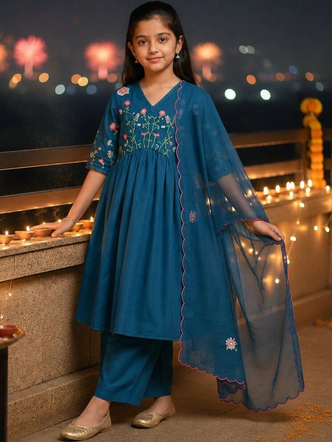 KAVISH Girls Floral Embroidered Empire Thread Work Kurta with Palazzos & With Dupatta-image-25
