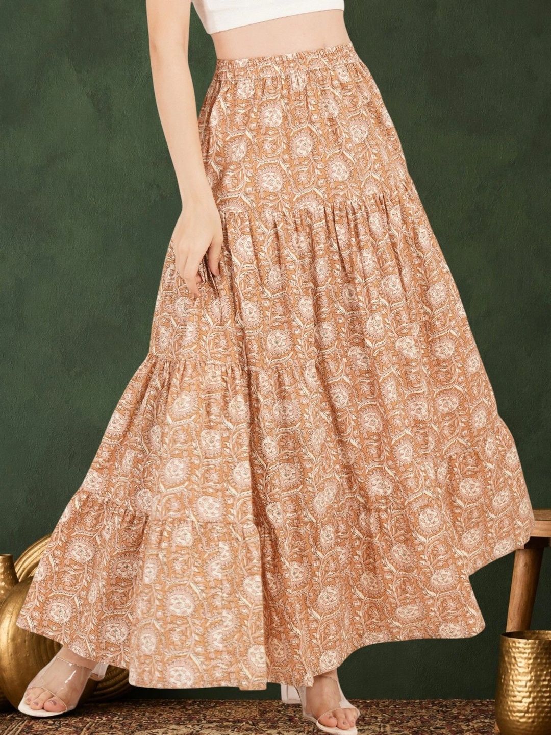 Sangria Women Pure Cotton Blend Cotton Cambric Floral Maxi Tiered Skirt-picture-50