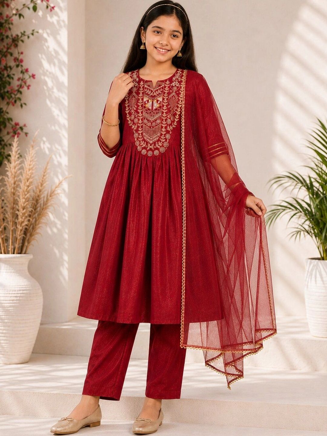 BAESD Girls Ethnic Motifs Embroidered Empire Thread Work Kurta with Trousers & With Dupatta-picture-37