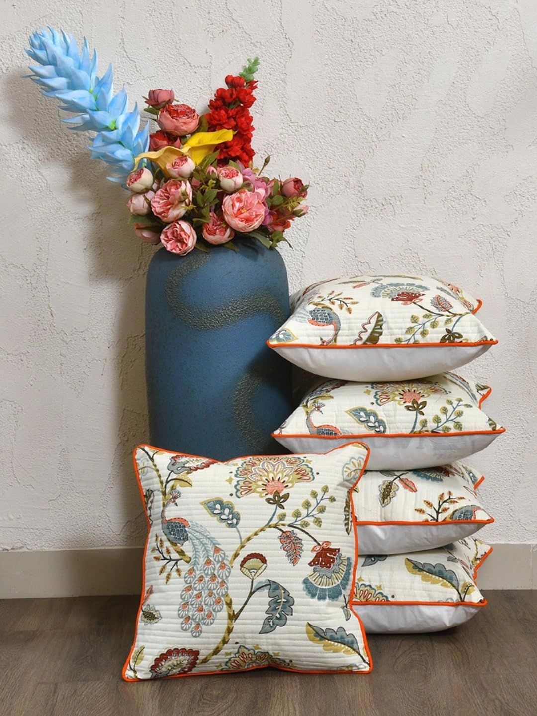 Aura Multicoloured Set of 5 Floral Square Cushion Covers-picture-32
