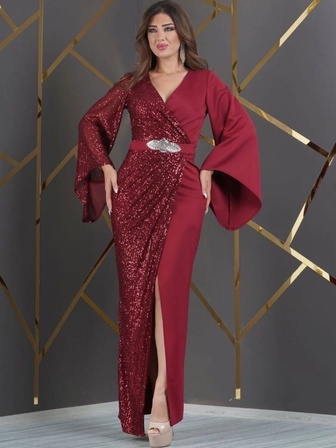VRAJ FASHION Embellished Bell Sleeve Maxi Dress-image-18