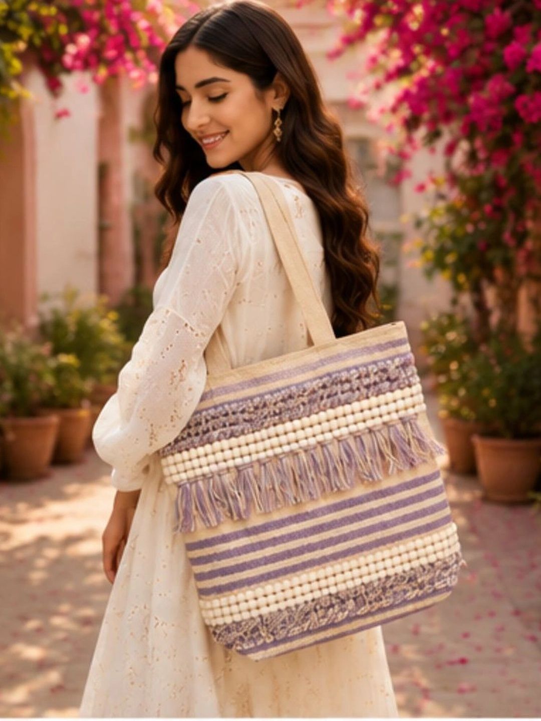 Footpedia Striped Tote Bag with Fringed-picture-52