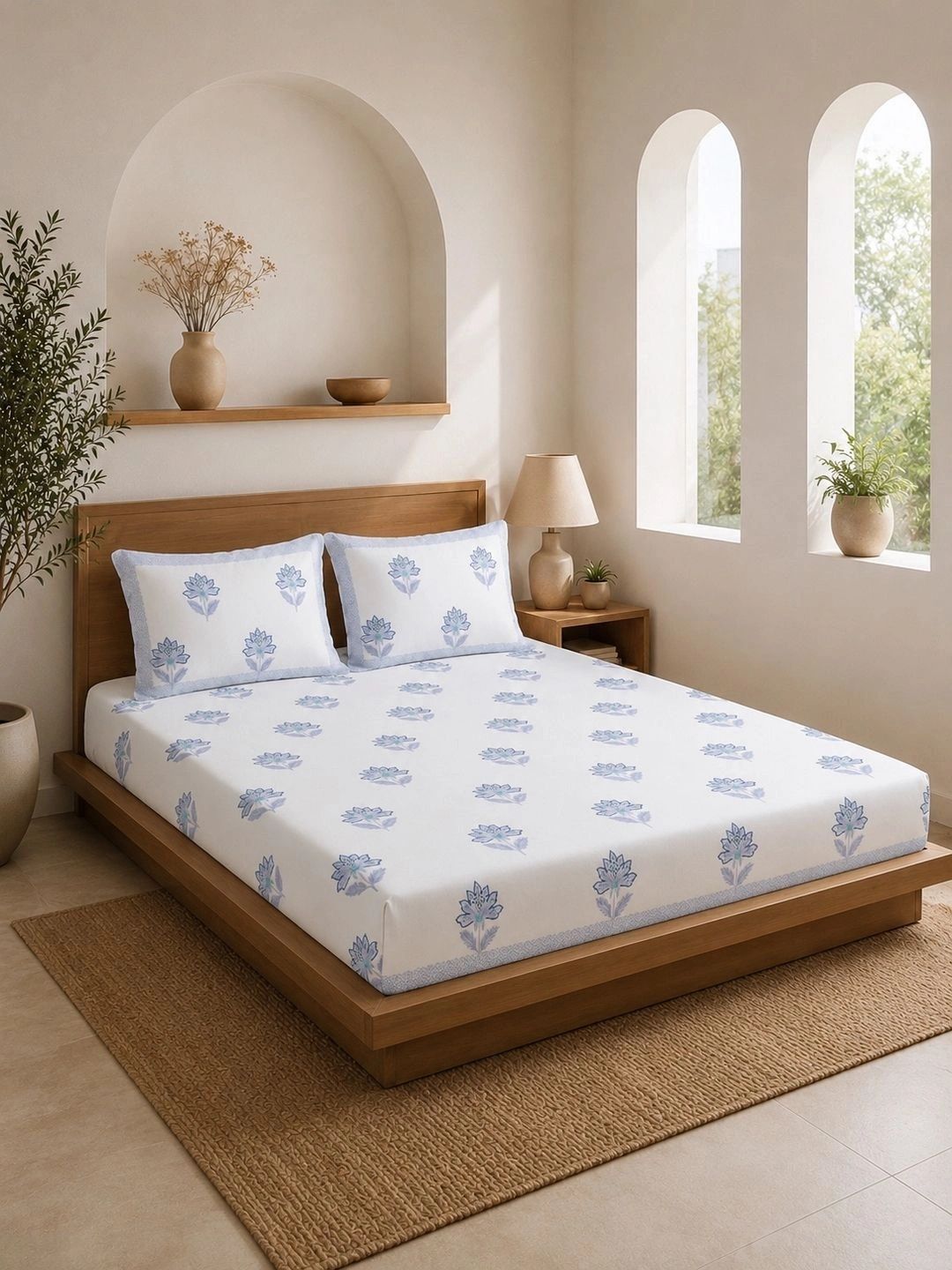 Triani White & Blue Floral 400 TC Bedsheet with 2 Pillow Covers-image-13