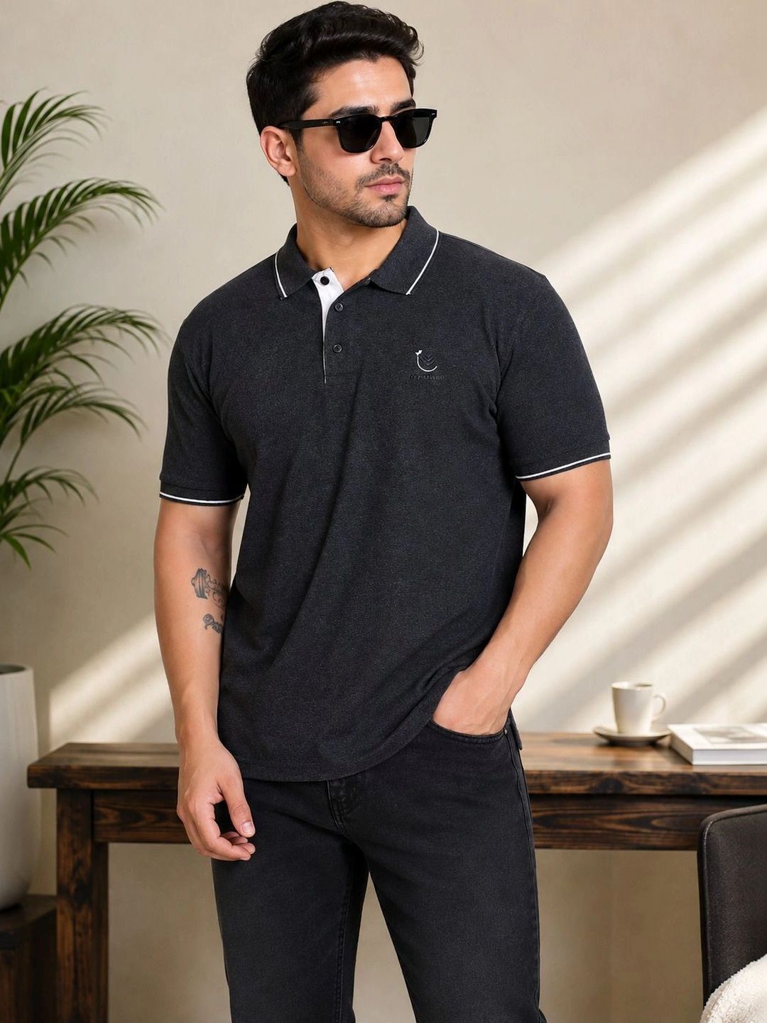 OZONECO Men Brand Logo Polo Collar Cut Outs T-shirt-picture-13