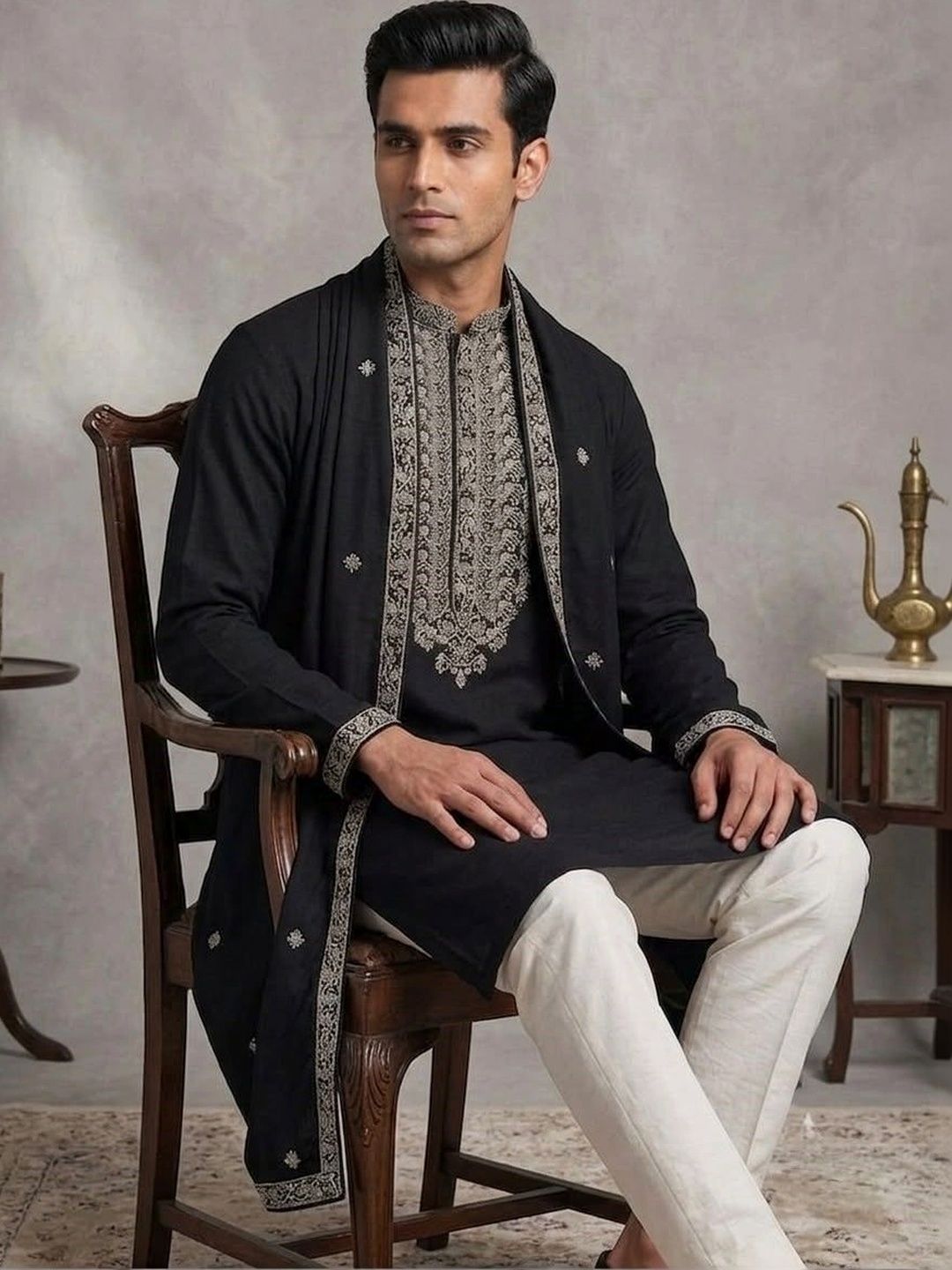 CF COMFORTFIRST Men Ethnic Motifs Embroidered Regular Sequinned Kurta with Pyjamas & With Dupatta-picture-11