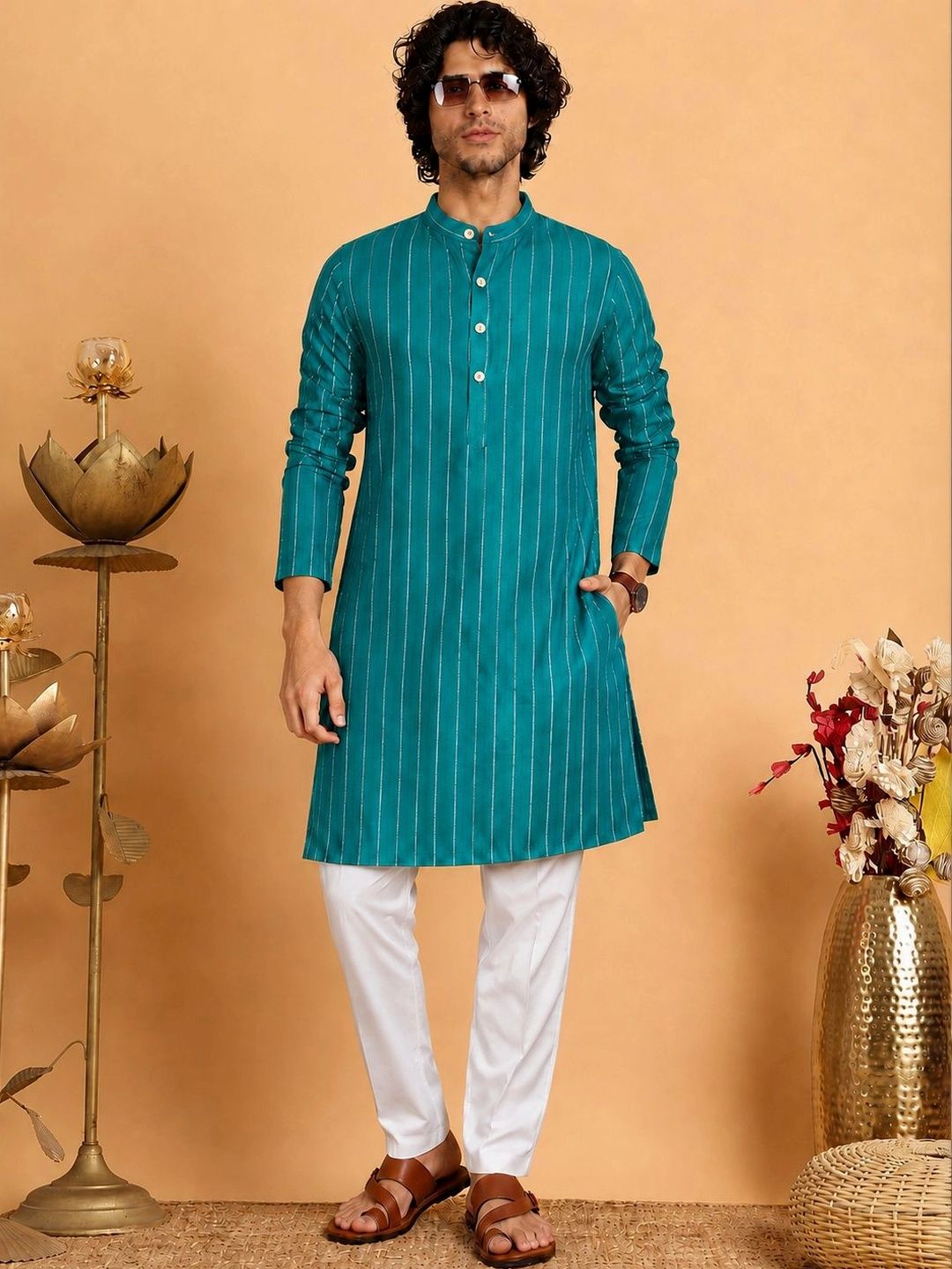 ORIFAB Men Striped Regular Pure Cotton Kurta with Pyjamas-picture-13