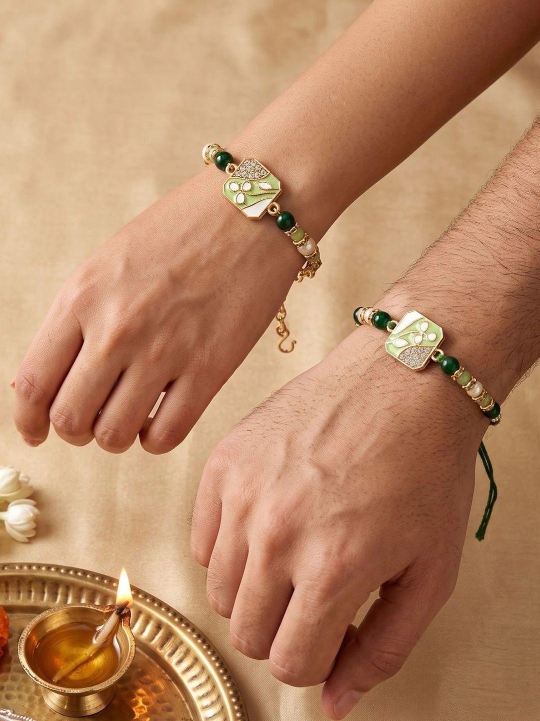KARATCART Gold Plated Artificial Beads & Kundan Studded Enamelled Bhaiya Bhabhi Rakhi-picture-35