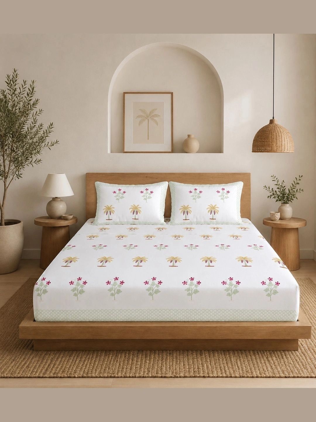Triani White & Green Floral 400 TC Bedsheet with 2 Pillow Covers-image-29