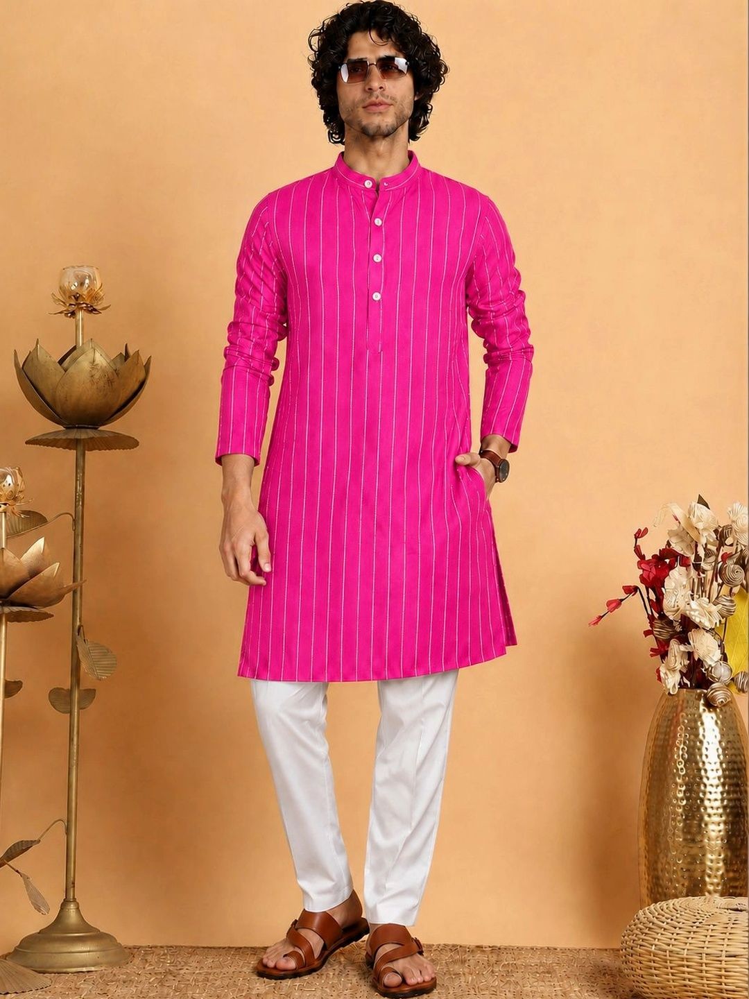 ORIFAB Men Striped Regular Pure Cotton Kurta with Pyjamas-picture-37