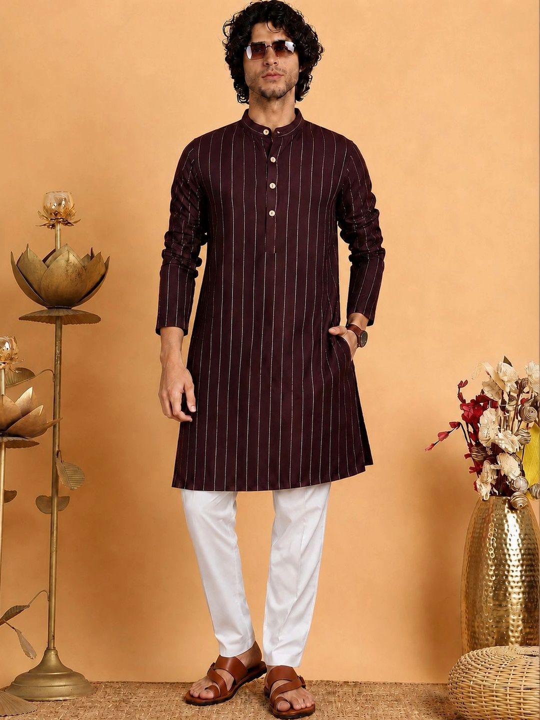 ORIFAB Men Striped Regular Pure Cotton Kurta with Pyjamas-picture-32