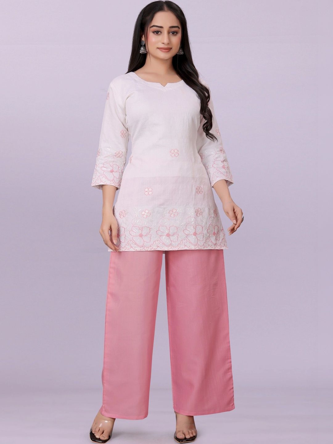 GEBET Women Floral Embroidered Regular Thread Work Pure Cotton Kurti with Palazzos-image-9