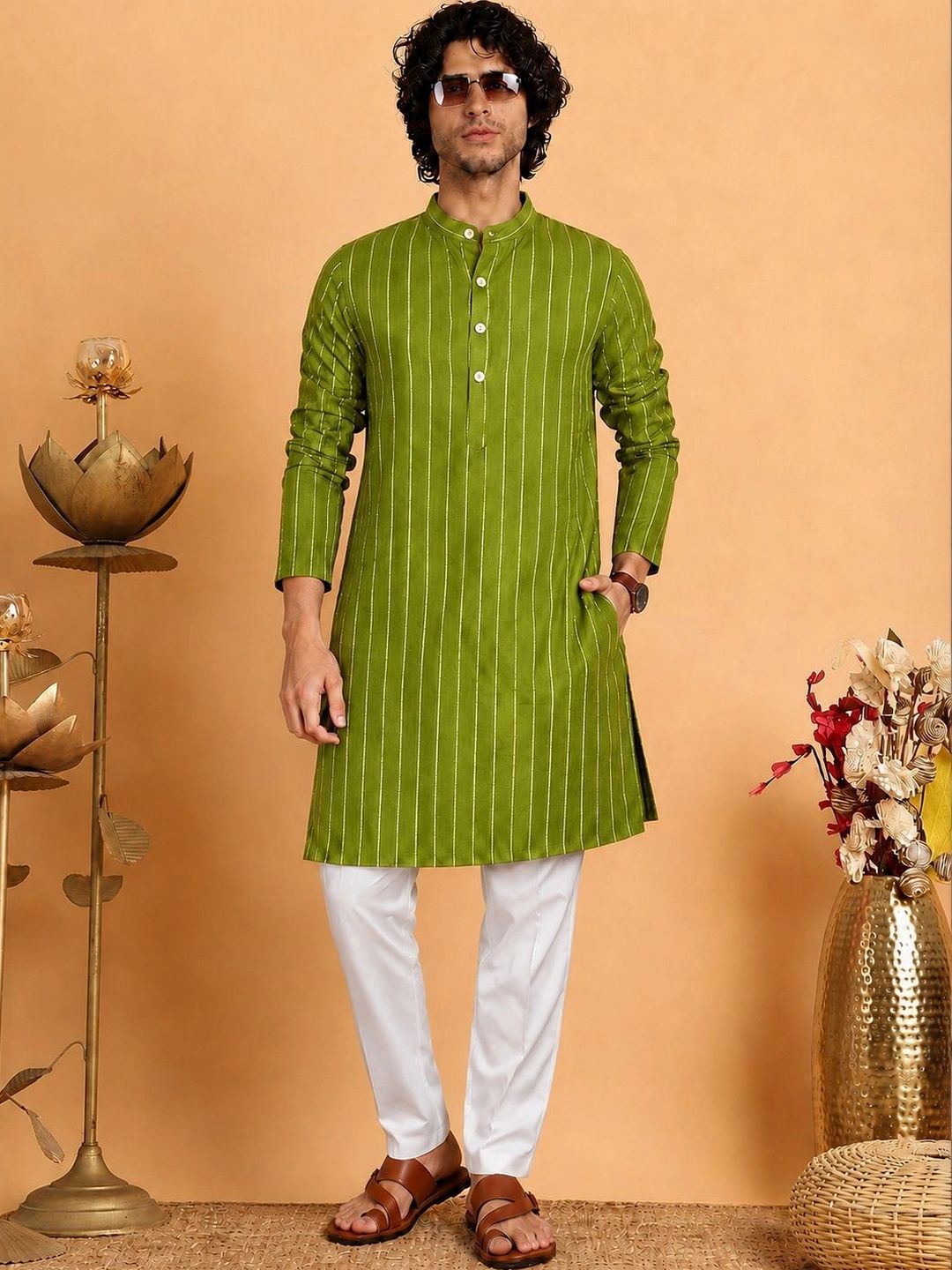 ORIFAB Men Striped Regular Pure Cotton Kurta with Pyjamas-picture-33