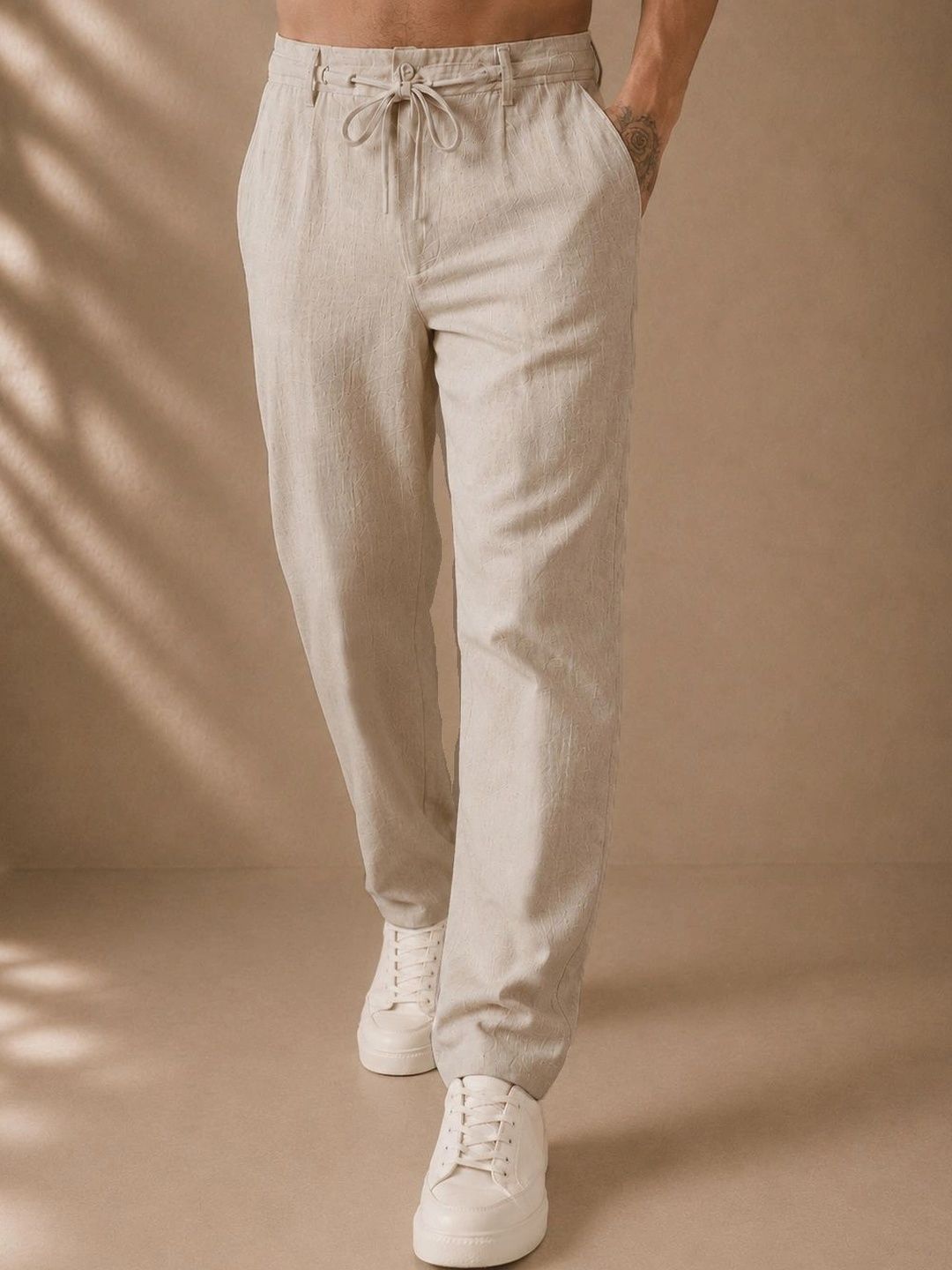 HERE&NOW Men Textured Relaxed Easy Wash Trousers-picture-24