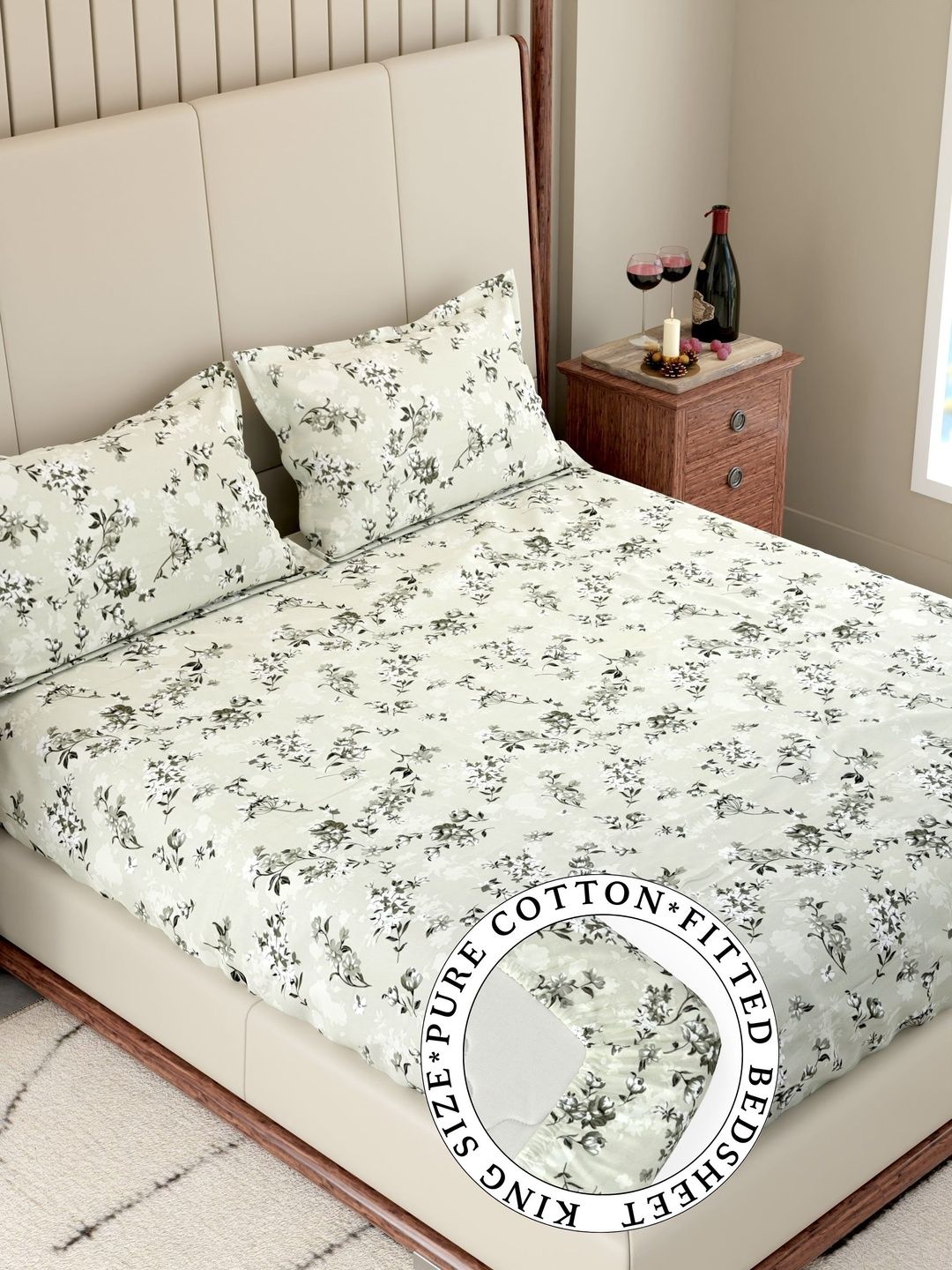 Pure Decor Off White & White Floral 180 TC King Bedsheet with 2 Pillow Covers