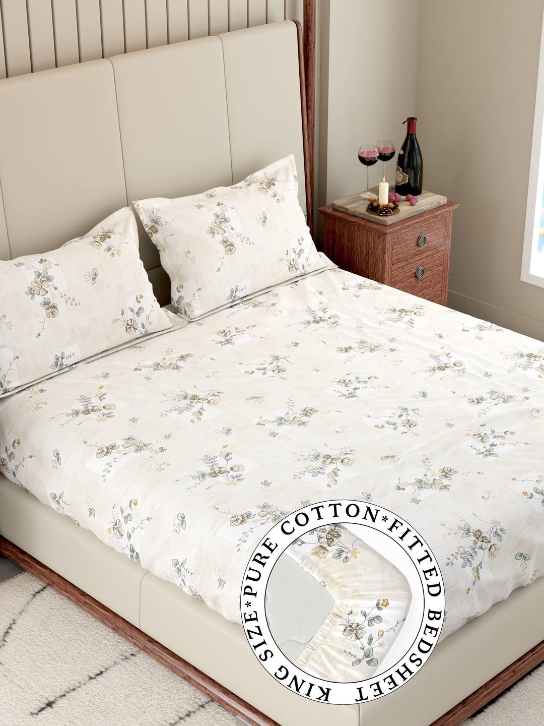 Pure Decor Cream-Coloured Floral 180 TC King Bedsheet with 2 Pillow Covers