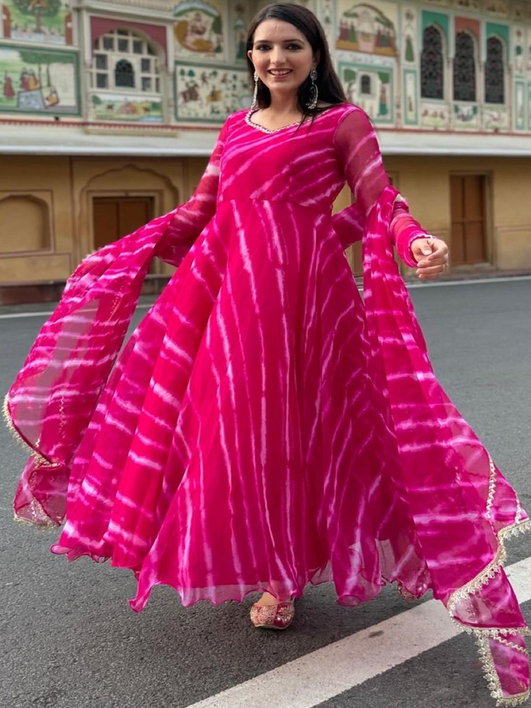 RAXU ENTERPRISE Leheriya Printed V-Neck Gotta Patti Pure Georgette Gotta Patti Anarkali Kurti-picture-52