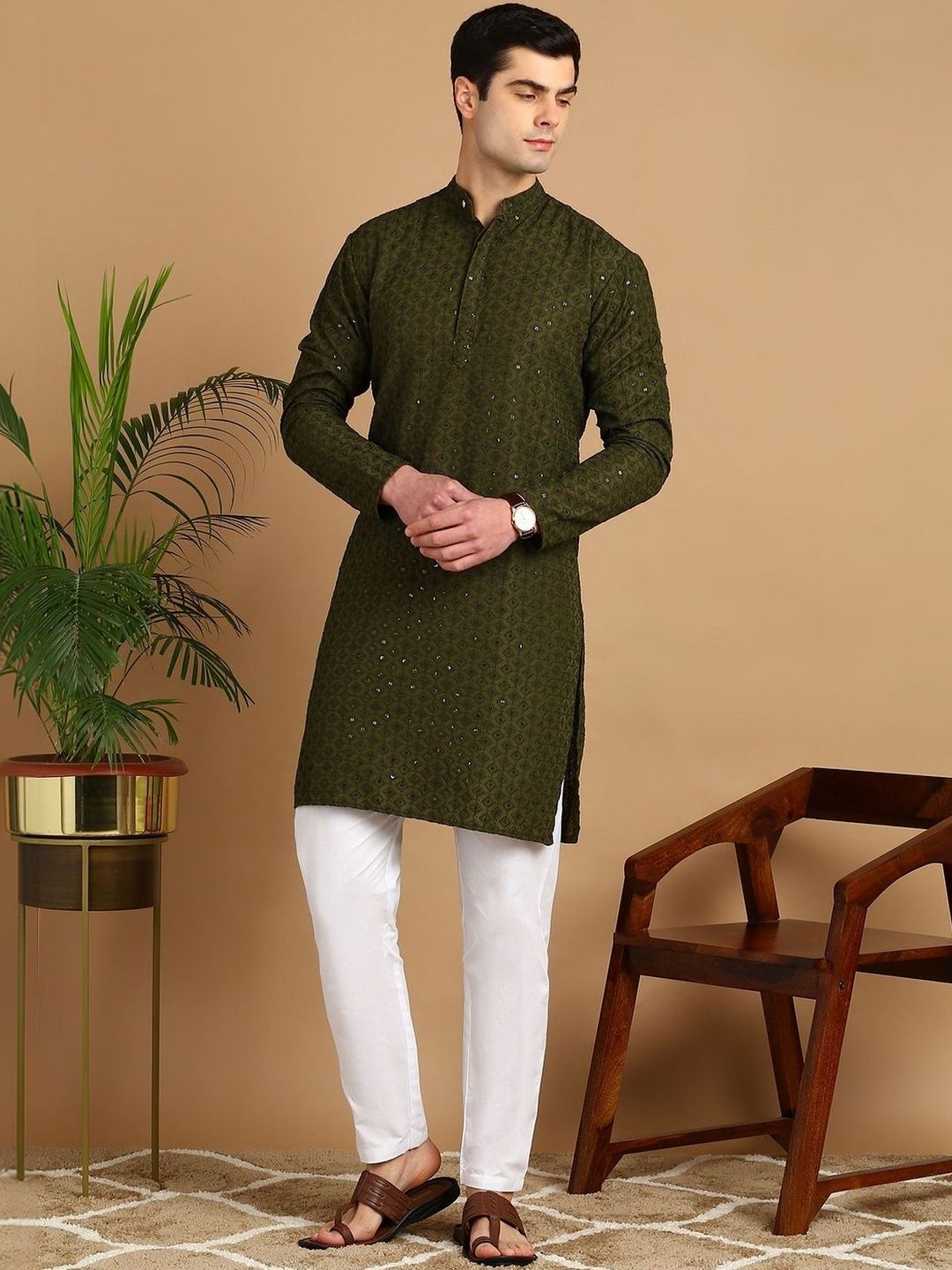 Anouk Mirage Men Ethnic Motifs Regular Mirror Work Pure Cotton Kurta with Pyjamas-picture-28