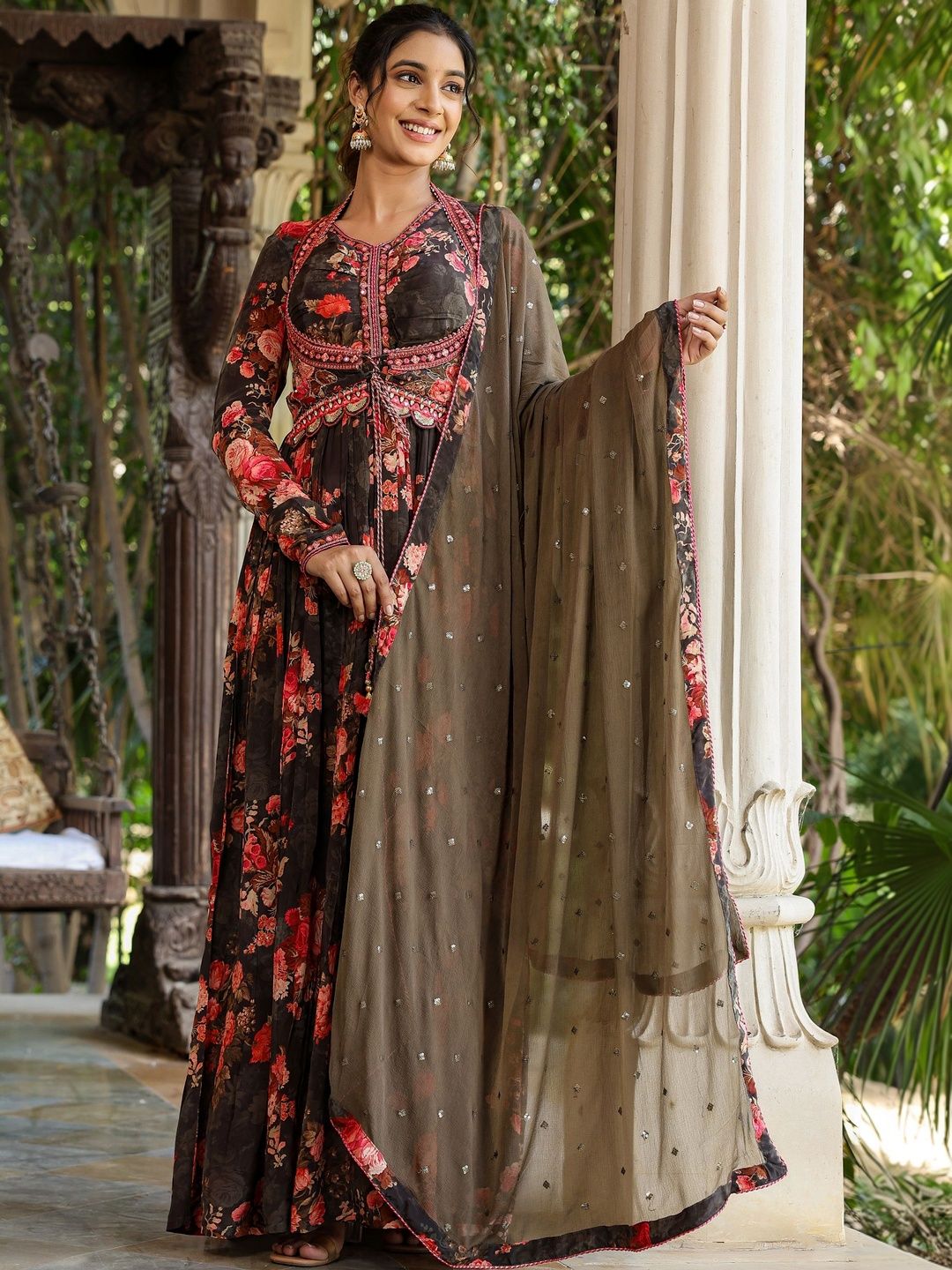 Bairaas Floral Print Fit and Flare Gown With Dupatta Dress-picture-37