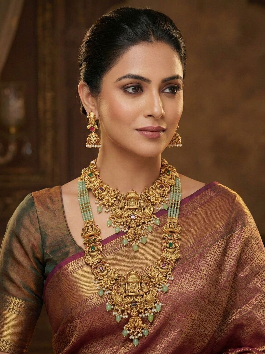 House of Pataudi Gold-Plated Temple Stone Studded & Beaded Necklace and Earrings-image-46