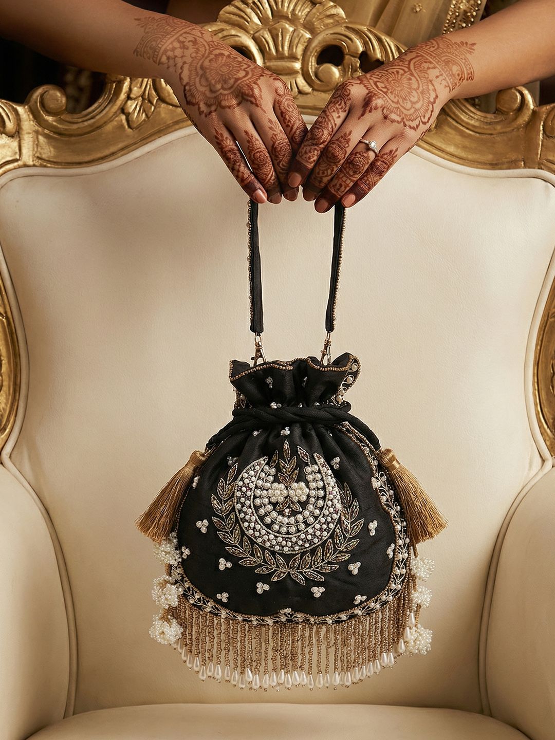 House of Pataudi Embroidered Tasselled Potli Clutch-picture-41