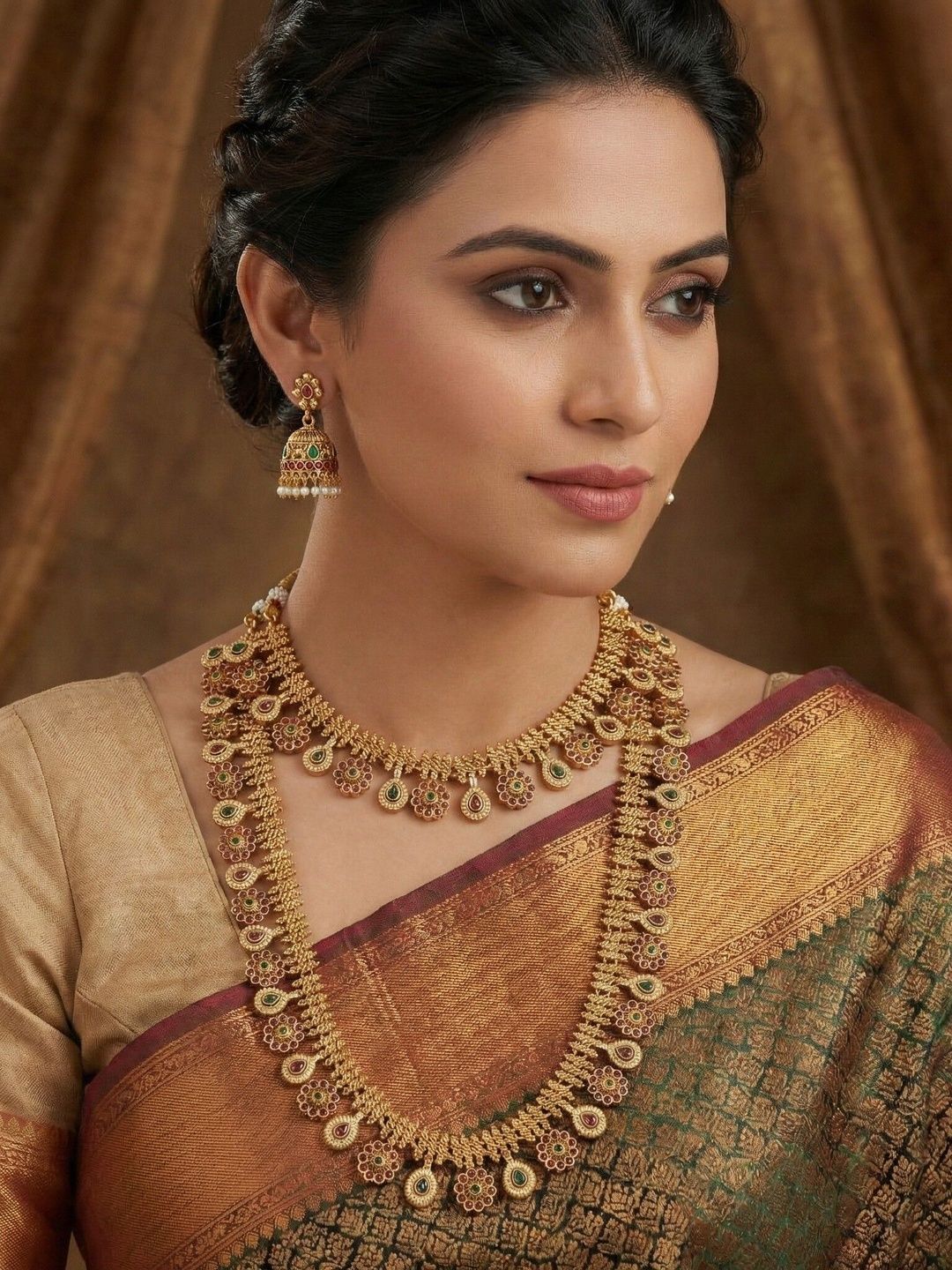 House of Pataudi Gold-Plated Temple Stone Studded & Beaded Necklace and Earrings-picture-37