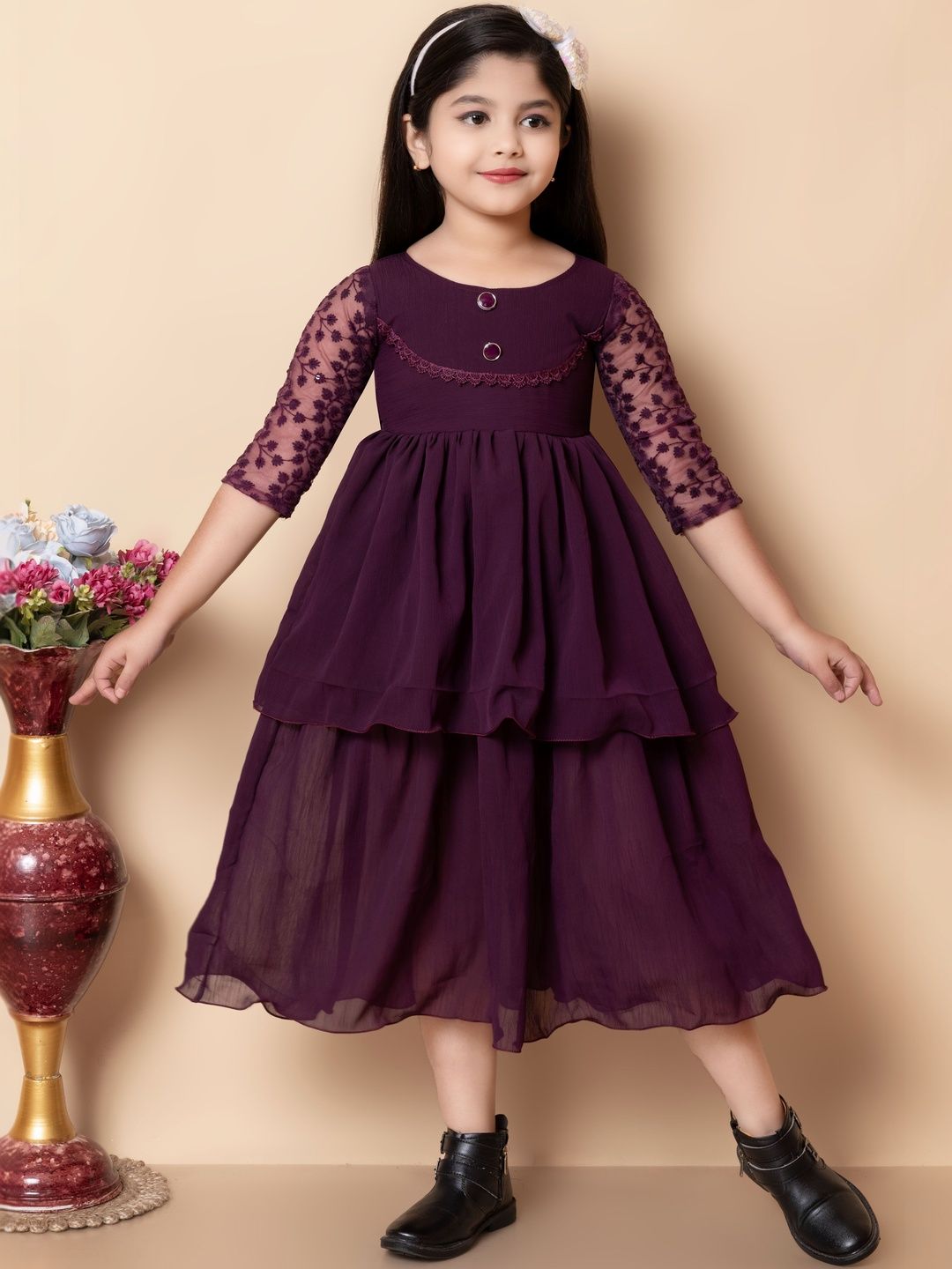 KALINI Embroidered Round Neck A-Line Maxi Dresses-picture-12