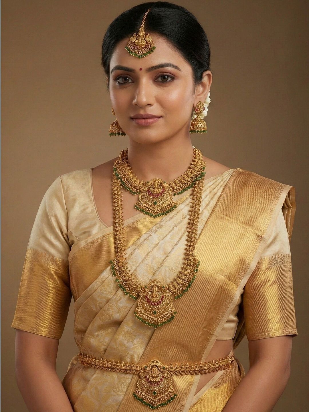 House of Pataudi Gold-Plated Temple Stone Studded & Beaded Maang Tika and Earrings-picture-52