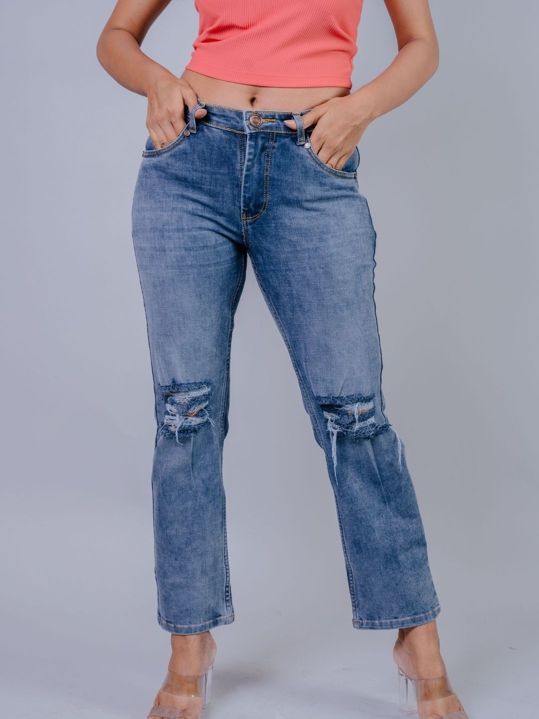 Wasomii Women Straight Fit Mid-Rise Highly Distressed Light Fade Stretchable Jeans-picture-23