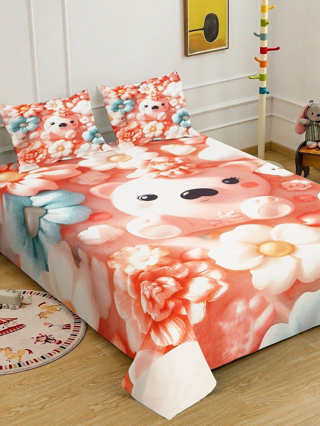 Myntra Elegant Homes Peach Printed Flat 400 TC King 7D Bedsheet With 2 Pillow Cover-image-22
