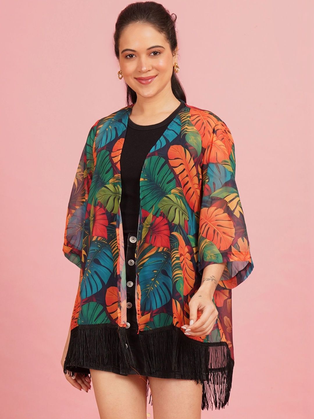 ARV TRENDS Women Printed Tasselled Crop Tropical Shrug-picture-13