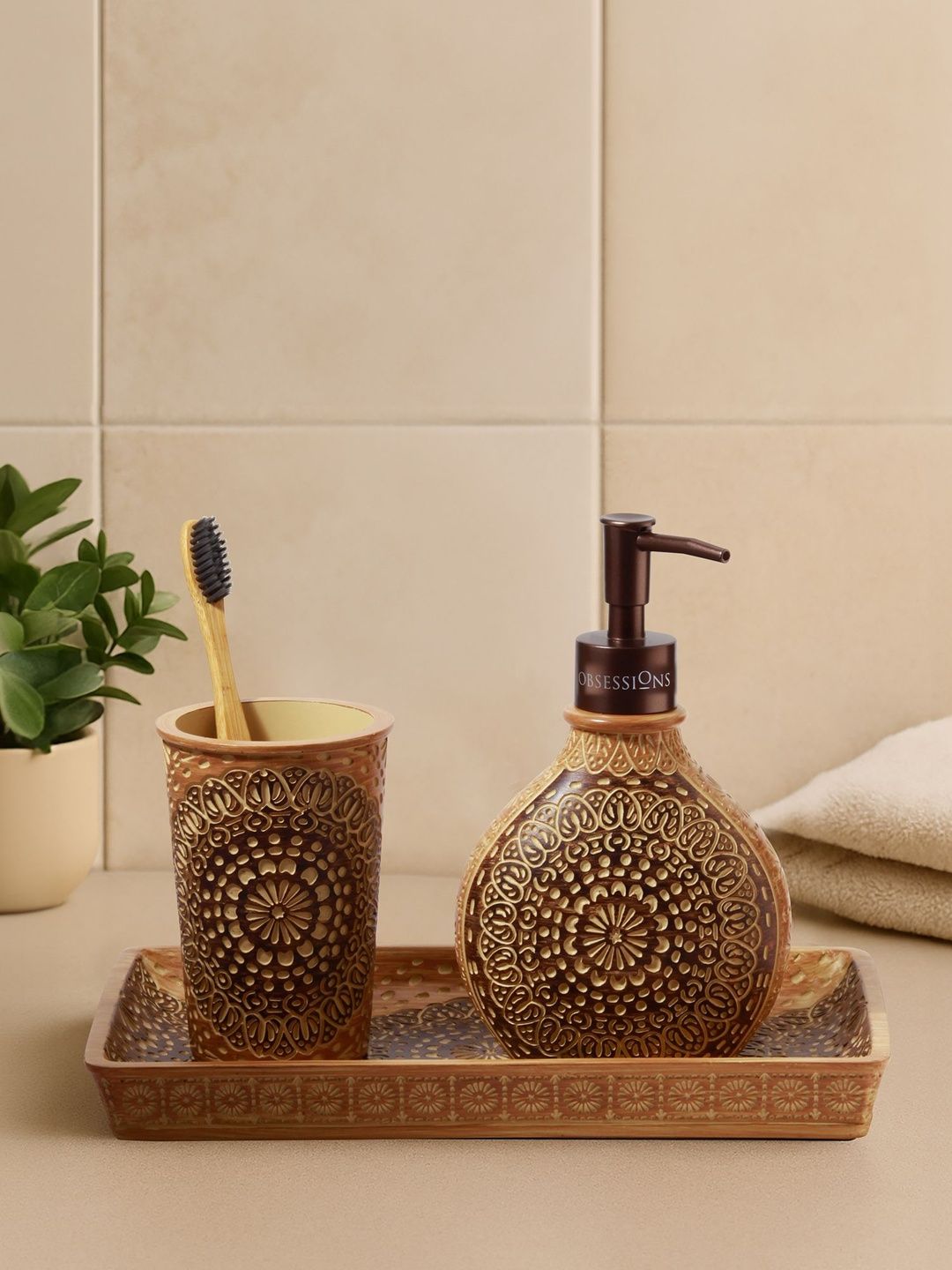 OBSESSIONS Brown Ethnic Motifs Lightweight Compact 3-Pcs Bathroom Accessories-image-48