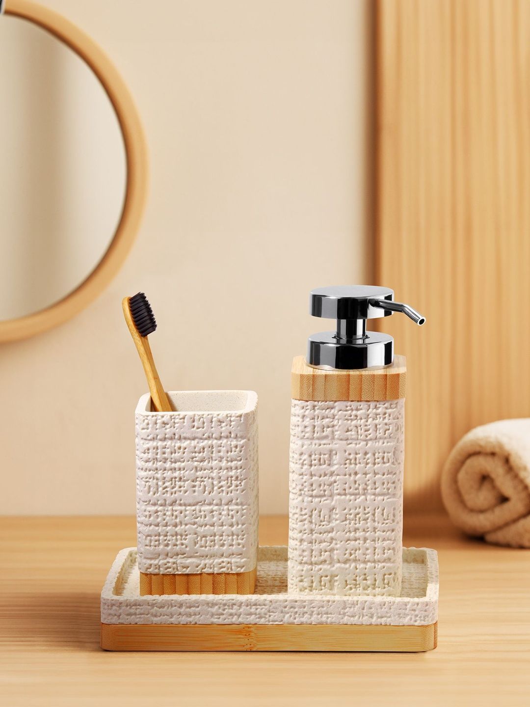 OBSESSIONS Cream Textured Lightweight Compact 3-Pcs Bathroom Accessories-picture-21