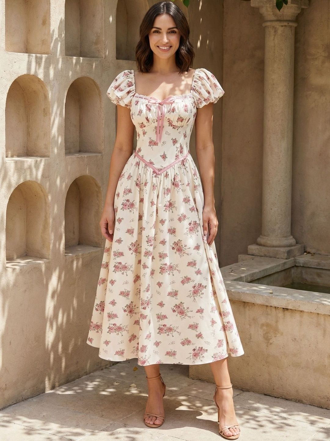 Zucchini Floral Print Puff Sleeve Ruffled Fit & Flare Midi Dress-picture-30