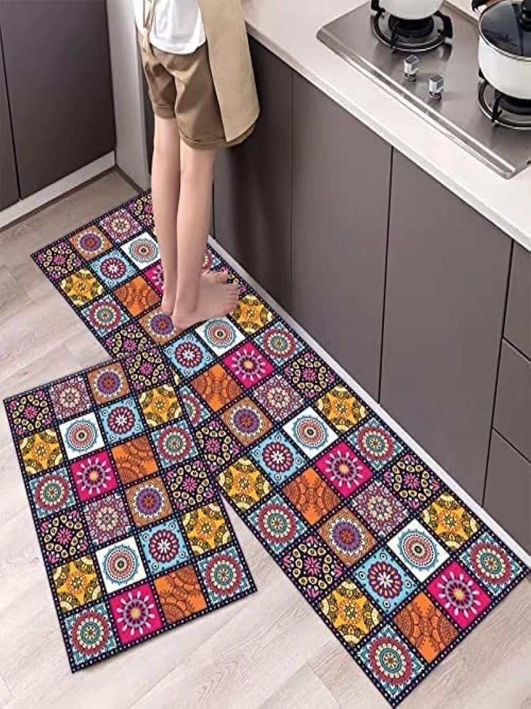 PSA Blue & Pink Geometric Printed Anti-Slip 2-Pcs Kitchen Mats-image-24
