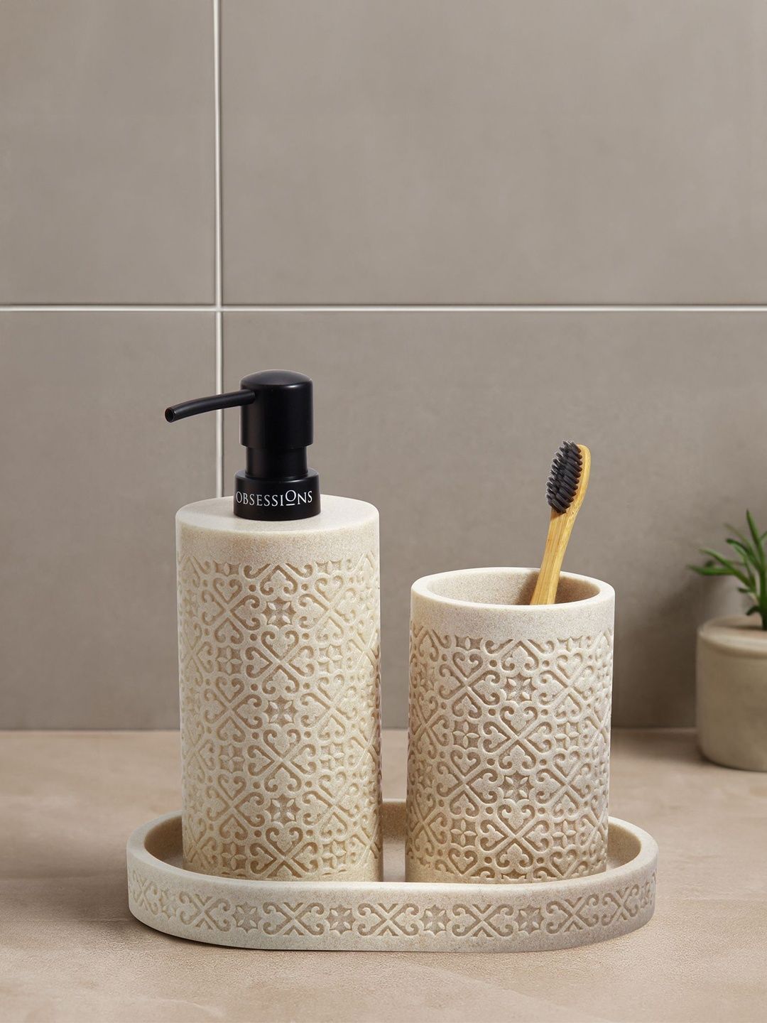 OBSESSIONS Beige Textured Lightweight Compact 3-Pcs Bathroom Accessories-image-47